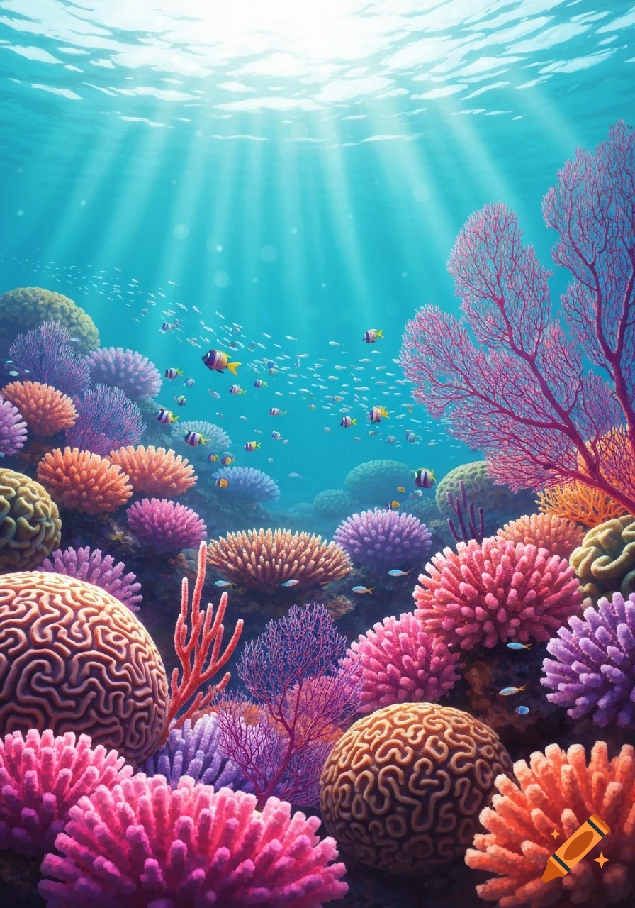 Vibrant coral reef teeming with colorful fish under dappled sun rays in clear blue water.