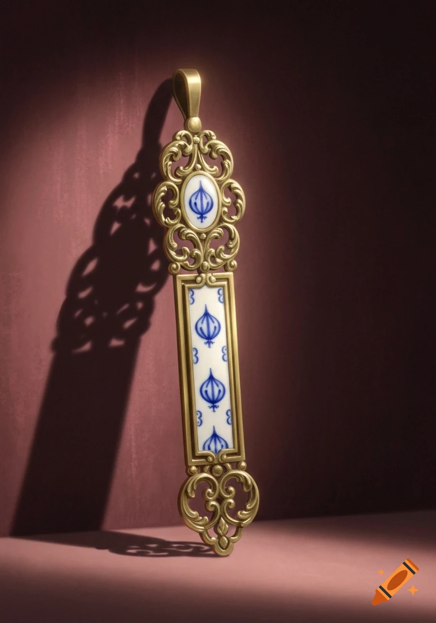 An ornate golden bookmark or pendant with blue and white Dresden-style porcelain inserts featuring stylized onion-like symbols and number '3's.