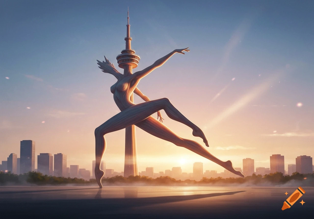 A stylized, wooden-textured female figure, integrated with a tall tower, in a dance pose overlooking a city skyline at sunset.