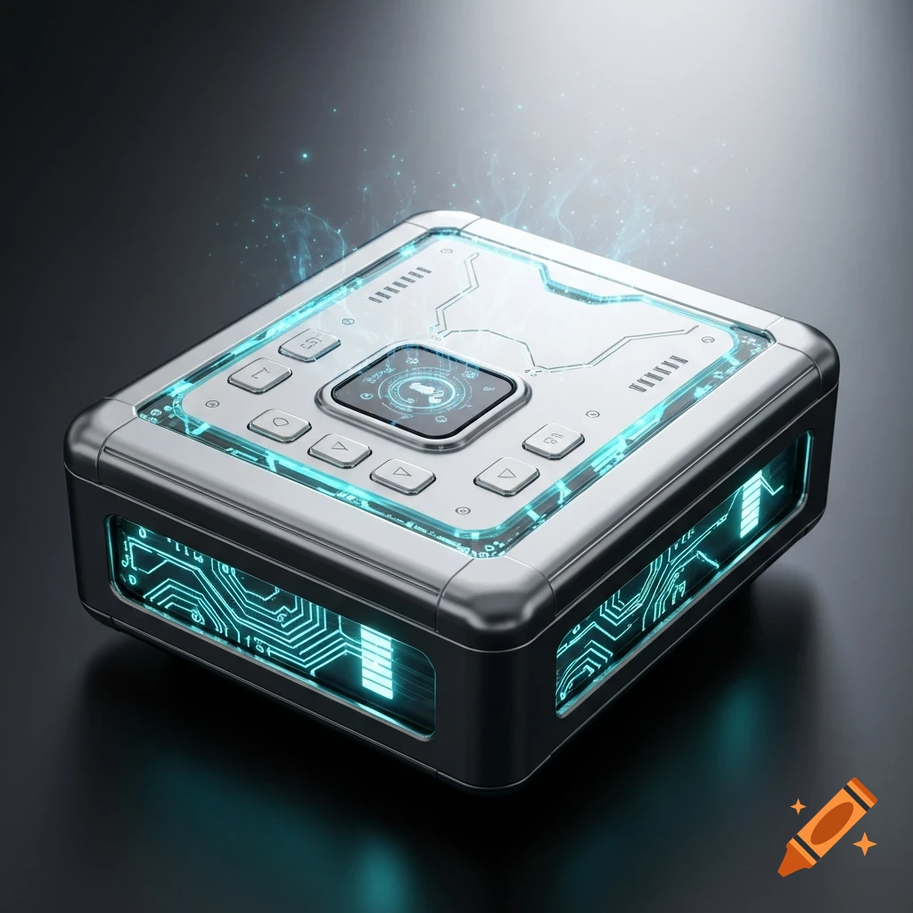 A futuristic, silver, square device with glowing blue circuit patterns and buttons, in a photorealistic render.