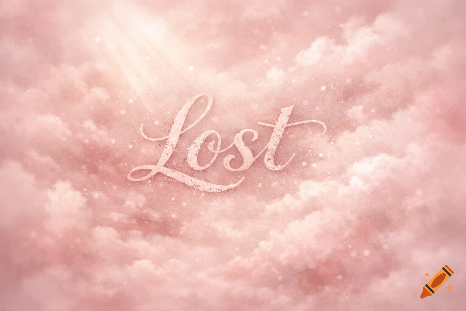 Stylized word 'Lost' in a cursive font on a soft pink, sparkly cloud background with sun rays.
