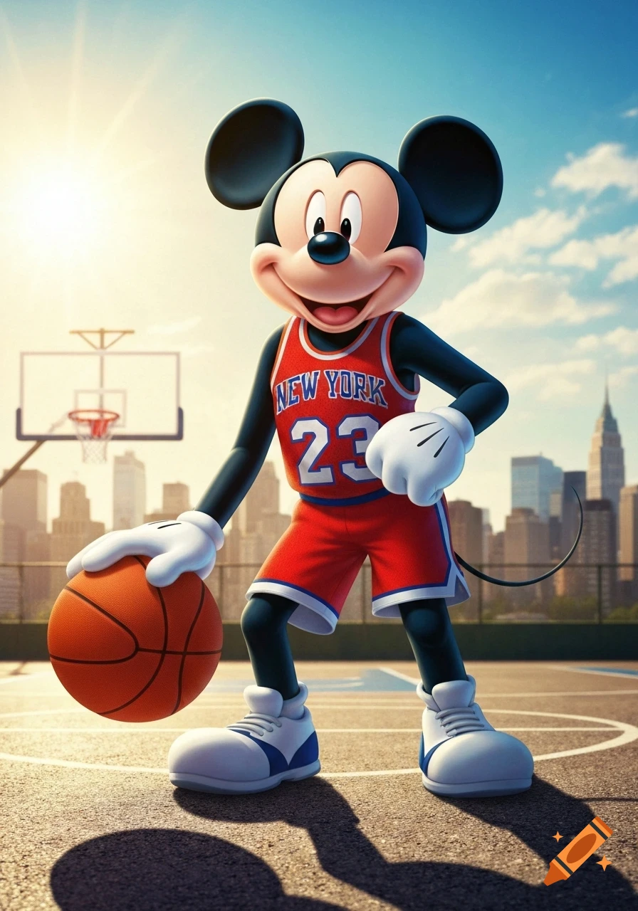 Mickey Mouse in a 'New York 23' basketball jersey dribbling a ball on an outdoor court with a city skyline under a sunny sky.