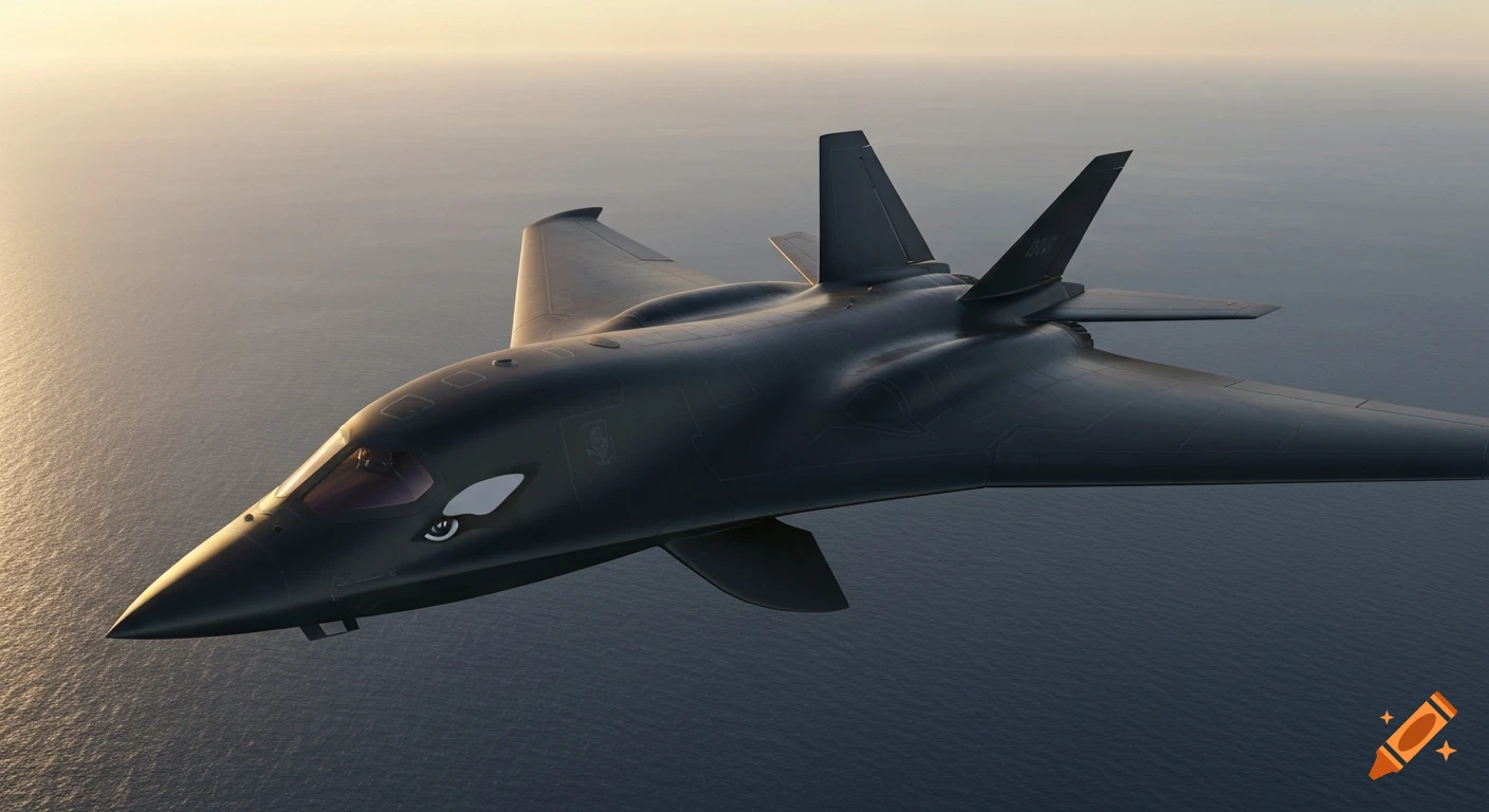 An ultra-realistic photograph of a dark stealth bomber with an orca-inspired black and white livery, flying over a vast ocean during golden hour.