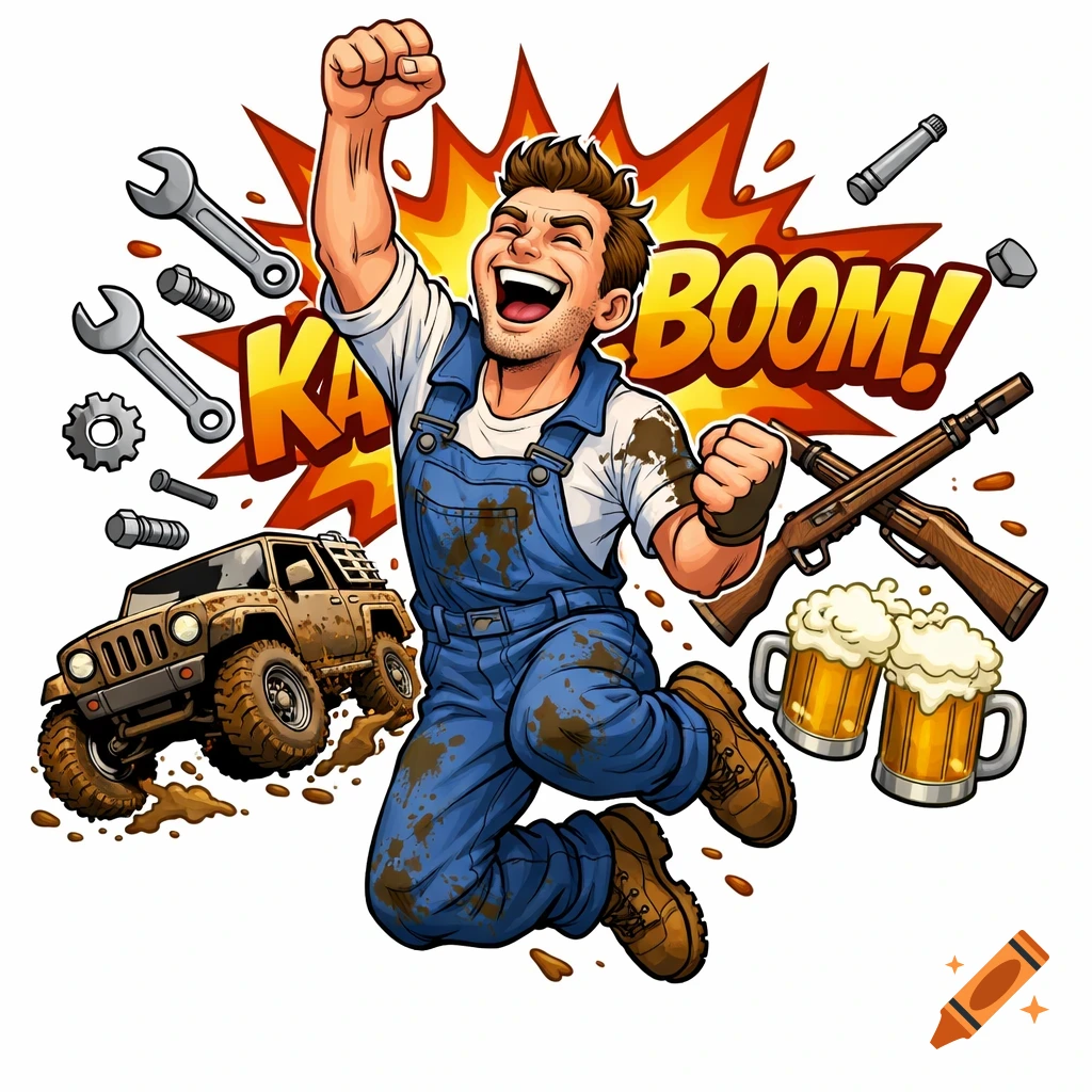 A cartoon mechanic in muddy overalls jumps happily amidst tools, a jeep, guns, and beer mugs, with a 'KA-BOOM!' explosion.