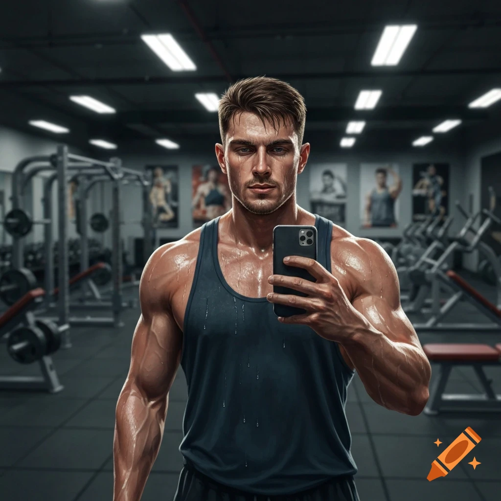 Muscular man covered in sweat taking a selfie in a gym, photorealistic.