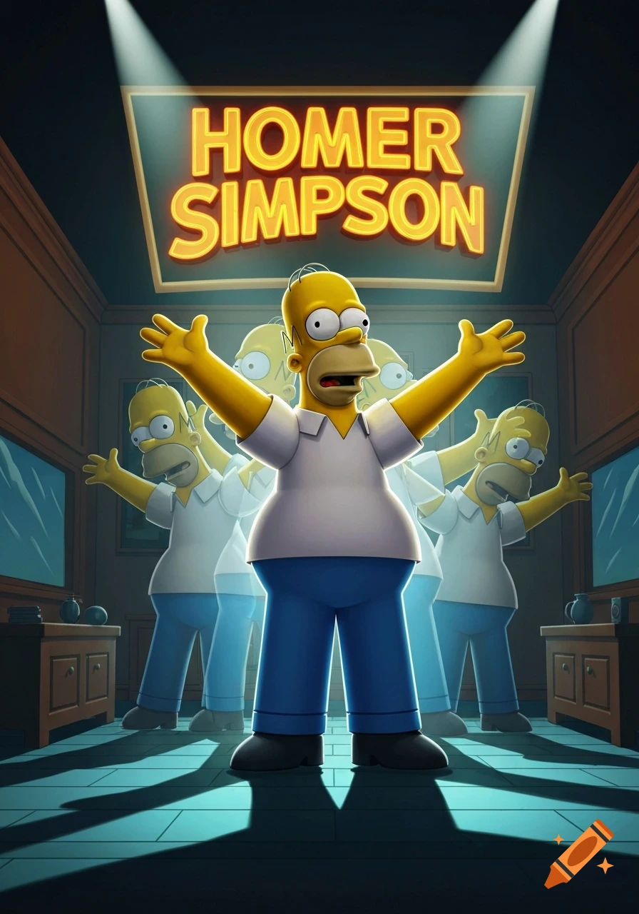 Homer Simpson stands with arms outstretched under a prominent sign bearing his name, with multiple translucent versions of himself in the background of a dimly lit, blue-hued room.