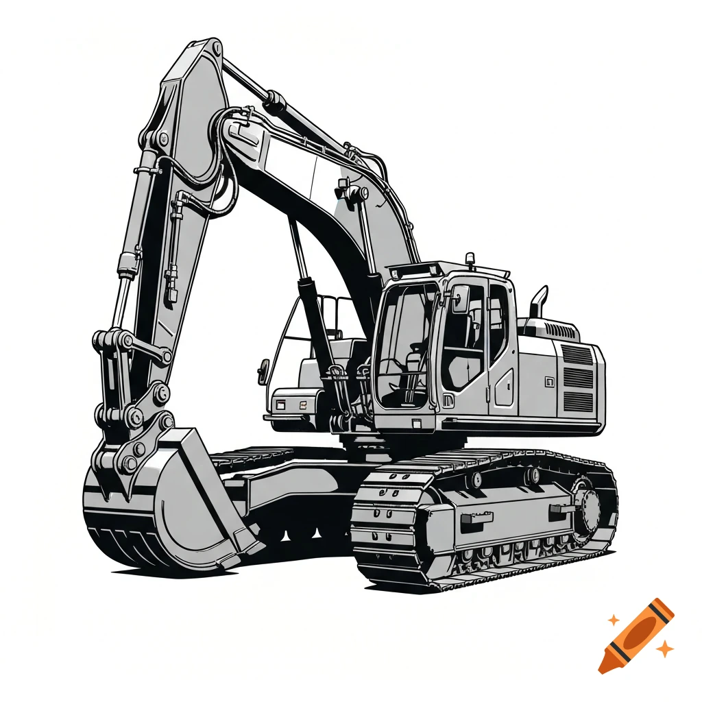 A grayscale illustration of an excavator with a trenching tool, rendered in a clean line art style against a white background.