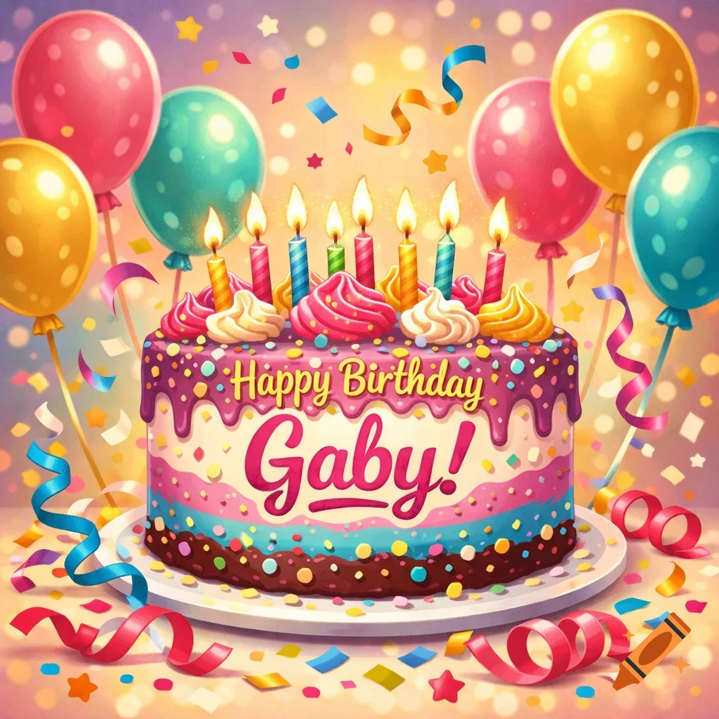 Vibrant illustration of a birthday cake with candles, sprinkles, 'Happy Birthday Gaby!' text, surrounded by balloons, confetti, and ribbons.