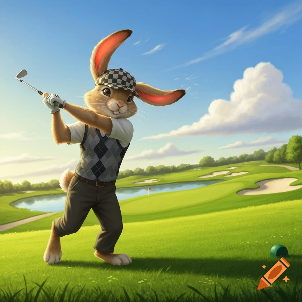 Cartoon rabbit in an argyle vest and checkered cap swinging a golf club on a sunny golf course.