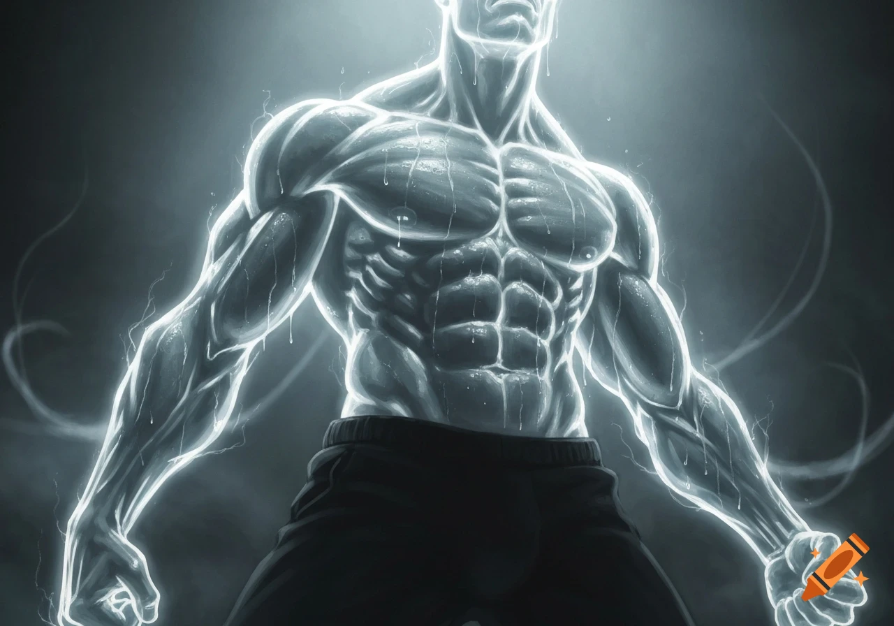 Stylized illustration of a glowing, muscular male torso with liquid effects.