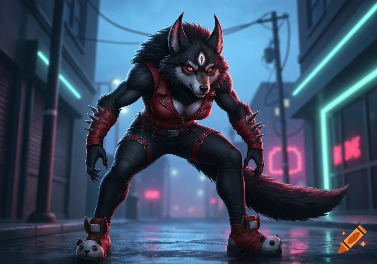 A fierce humanoid werewolf in red punk clothing and panda shoes, with glowing red eyes and a third eye, stands in a neon-lit urban alley.