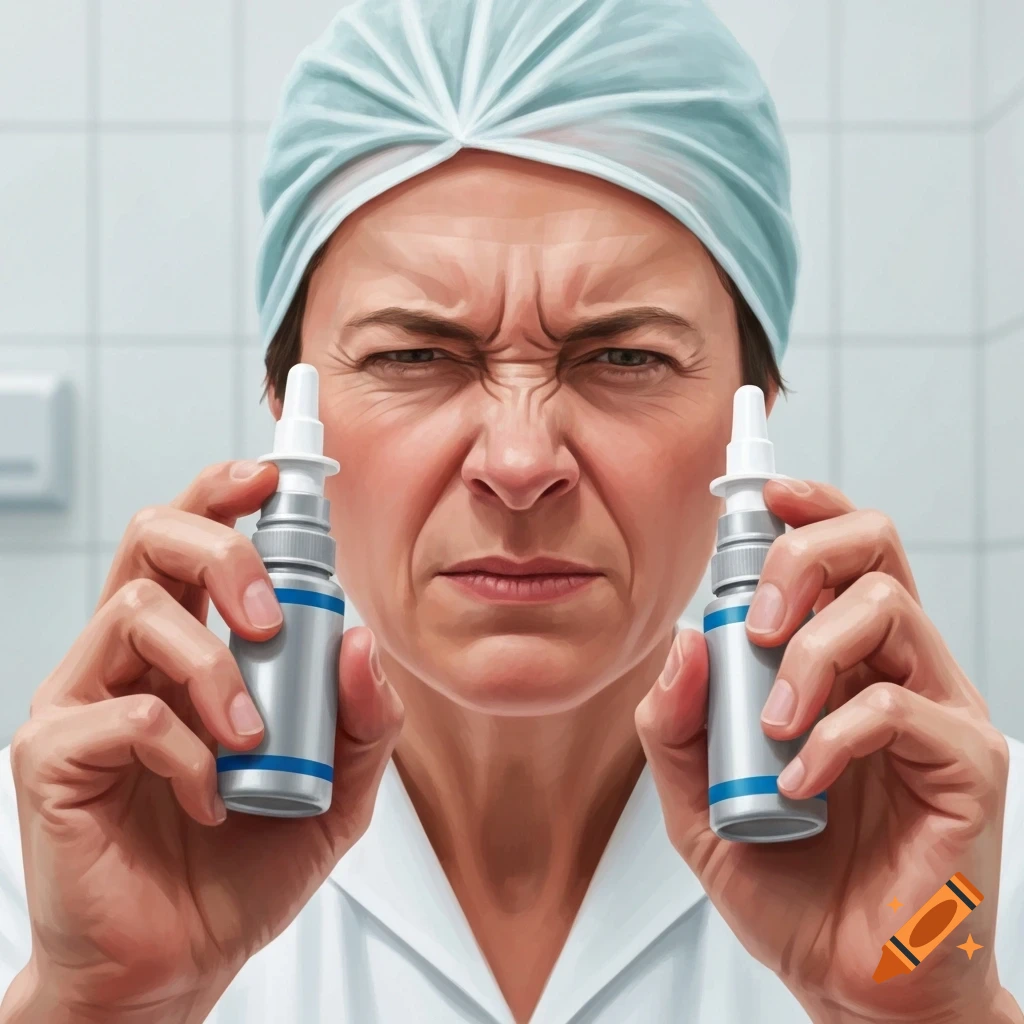A person in a medical cap grimaces, holding two nasal spray bottles in a close-up, photorealistic style.