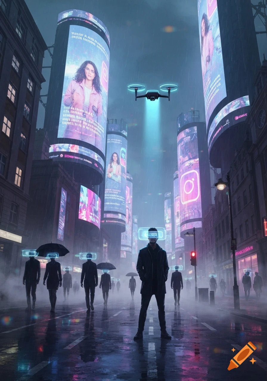 A dark, rainy, neon-lit cyberpunk city street at night with people ...