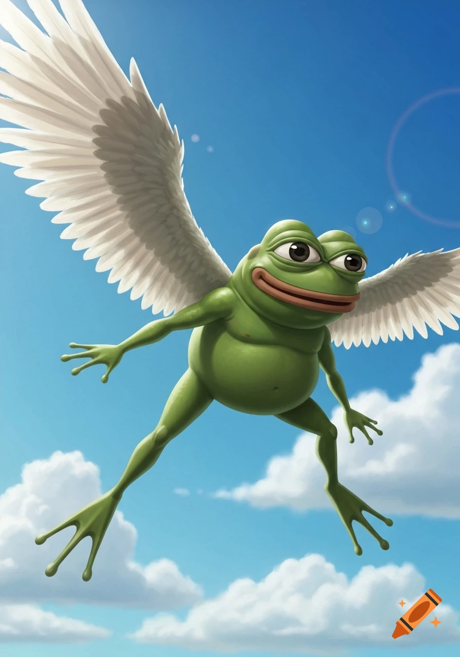 Pepe the frog with white wings flying through a bright blue sky with scattered clouds in a digital illustration style.