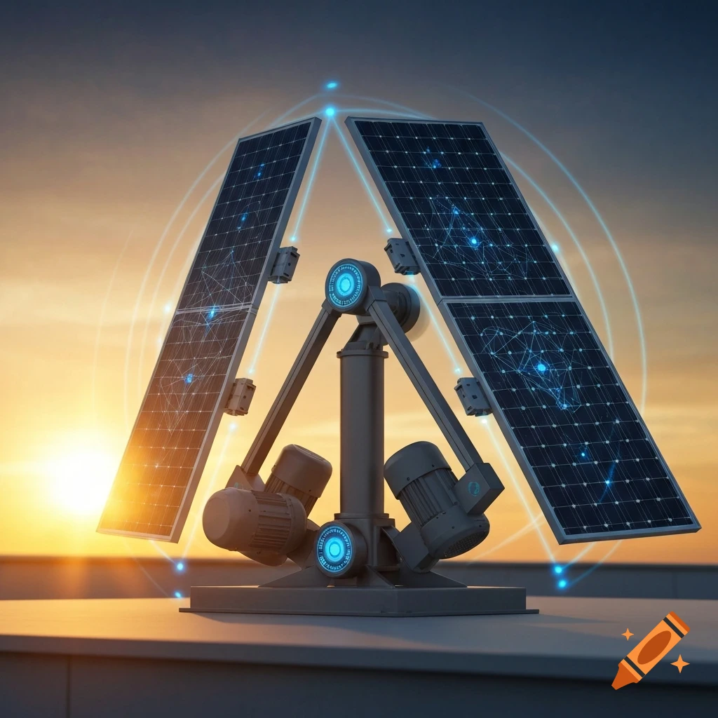 A futuristic modular solar tracking system with two panels and motors, featuring blue light effects, set against a vibrant sunset.