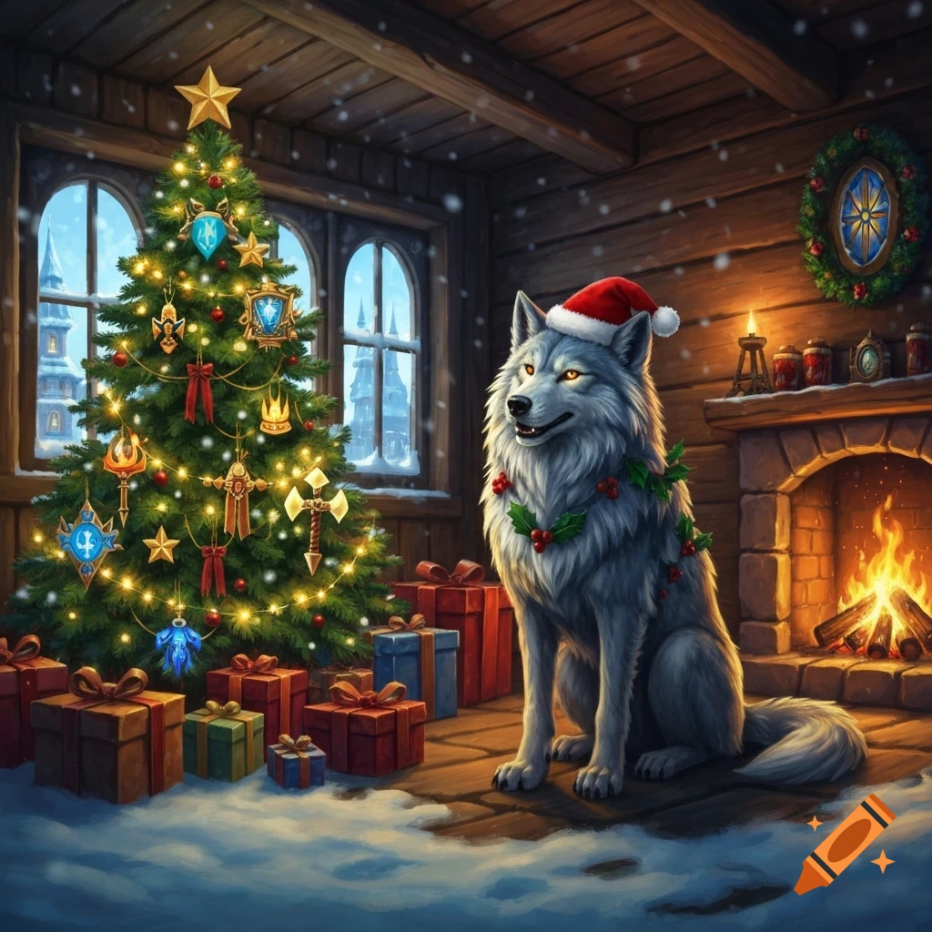 A white wolf in a Santa hat and holly wreath sits by a decorated Christmas tree and fireplace in a snowy World of Warcraft-themed cabin.