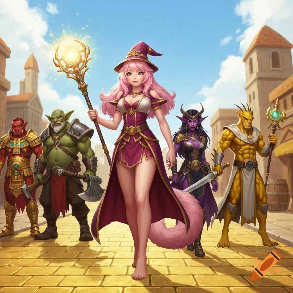 An adventuring party walks on a golden brick road: a pink-haired Neko wizard with a glowing staff, a green goblin barbarian, a purple dark elf pirate, a red orc shaman, and a yellow dragonborn priest.