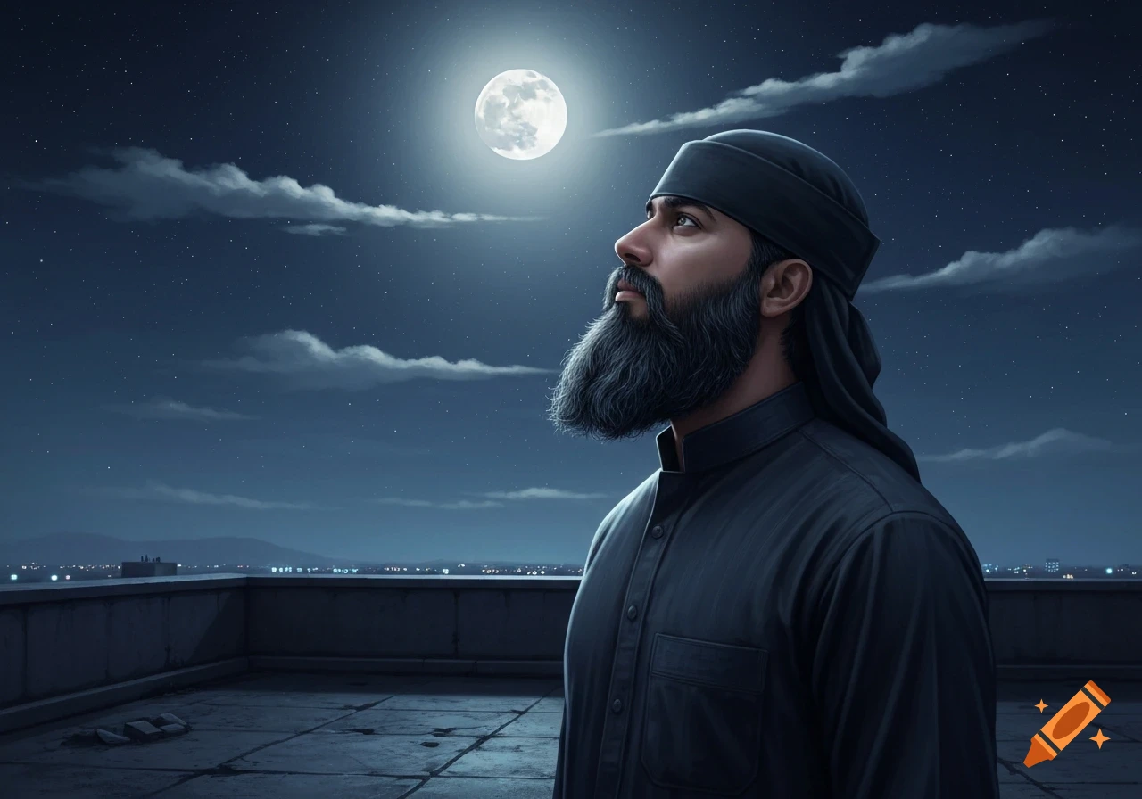 A bearded man in a dark head covering and shirt looking up at a bright full moon in a starry night sky from a city rooftop.
