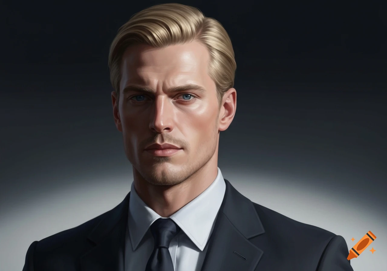 A photorealistic portrait of a blond man in a dark suit and tie against a dark background.