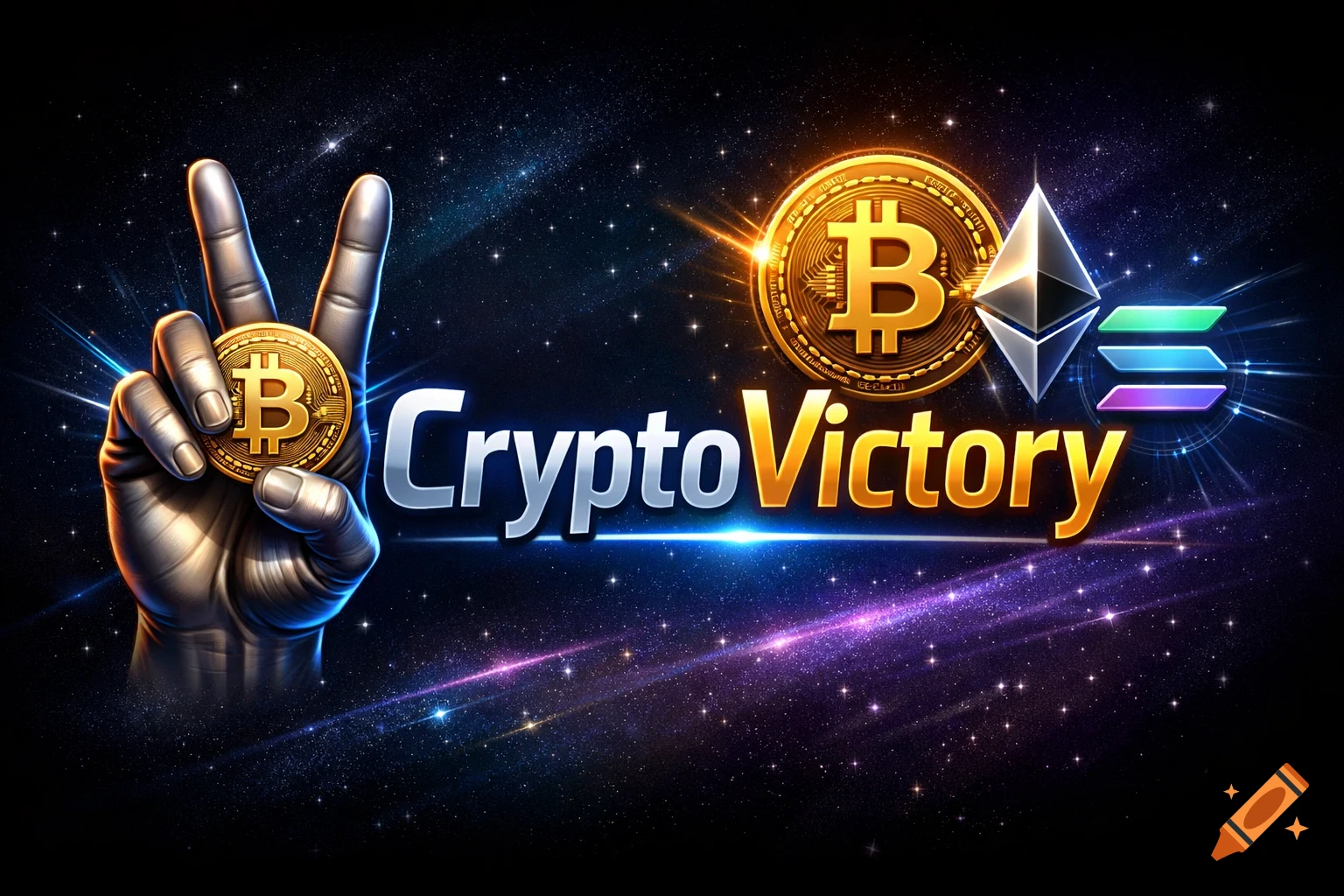 A hand making a peace sign, holding a Bitcoin, with "CryptoVictory" text and cryptocurrency logos against a starry background.