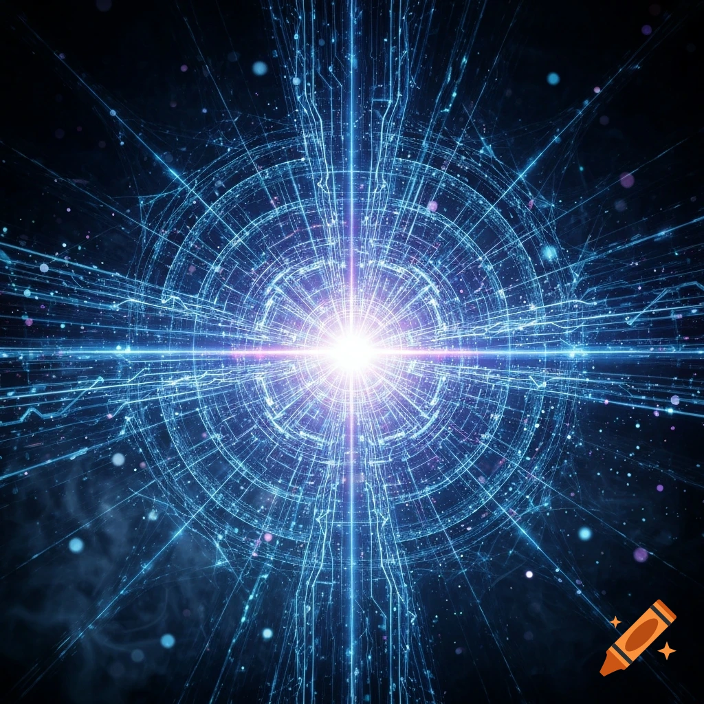 Abstract glowing blue network with a bright central light, resembling a circuit board or deep learning structure.