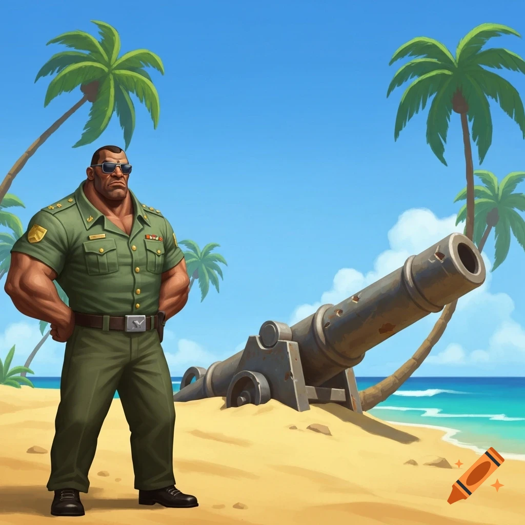 A muscular man in a green military uniform and sunglasses stands on a sandy tropical beach next to an old cannon in a cartoon style.