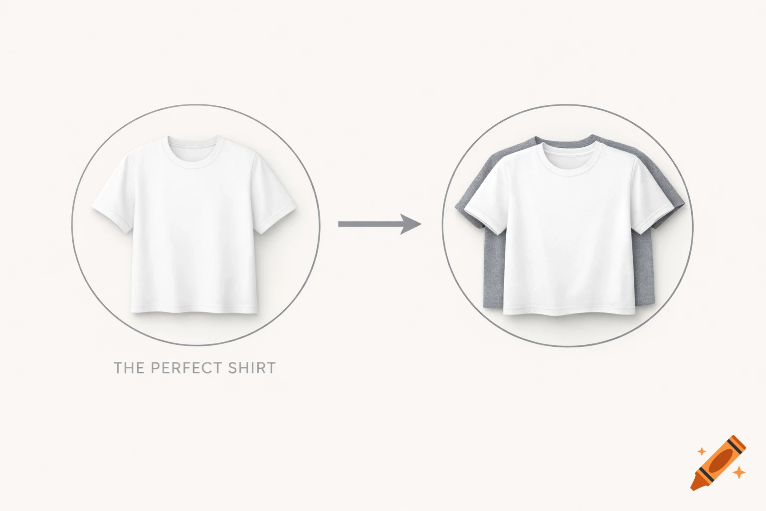 Minimalistic infographic of a single white t-shirt evolving into a white and gray layered t-shirt, with text 'THE PERFECT SHIRT'.