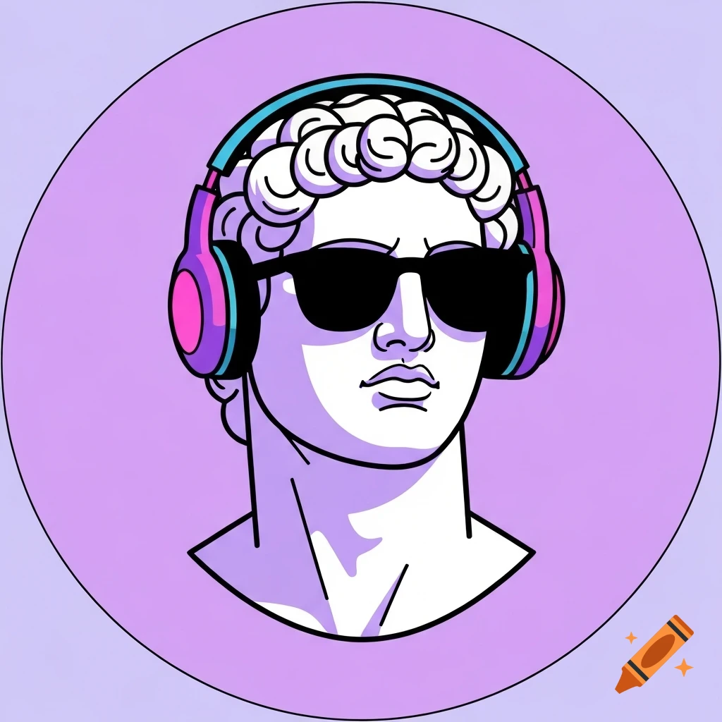 Flat illustration of a white classical statue head with black sunglasses and pink and blue headphones on a pastel purple background.