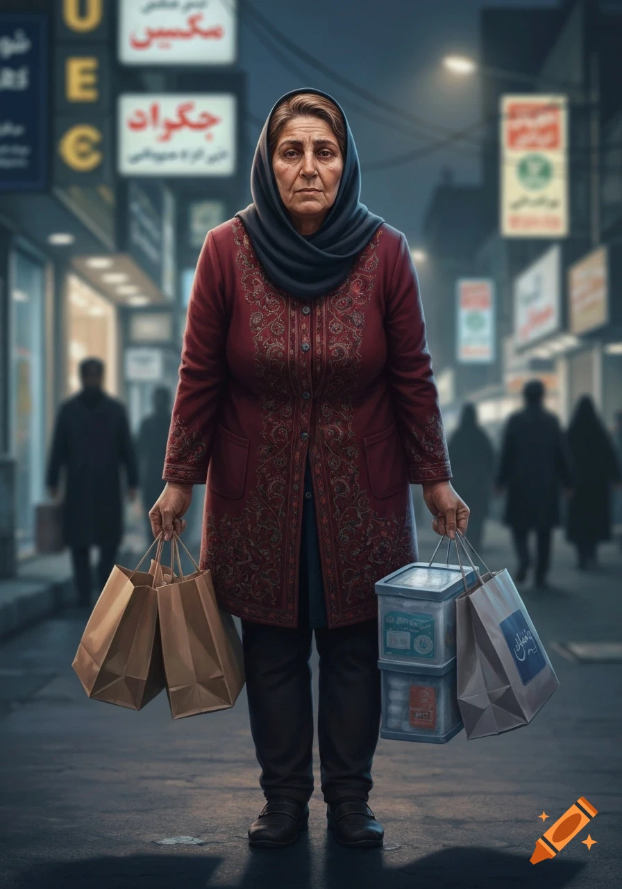 Middle-aged Iranian woman with a tired, determined expression, carrying shopping bags and containers on a dark, busy urban street.