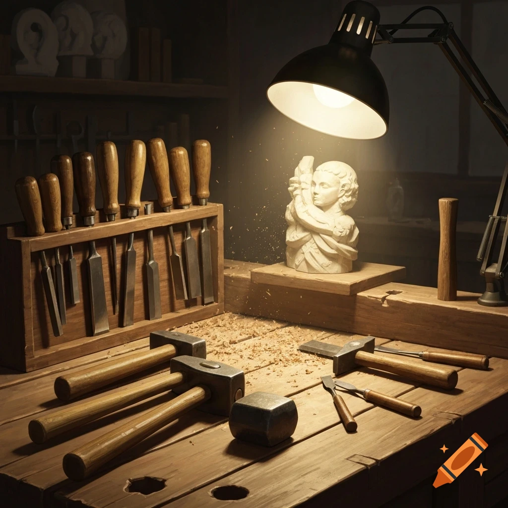 A detailed close-up of a sculptor's workbench, featuring a collection of chisels, mallets, and a partially carved bust illuminated by a desk lamp.