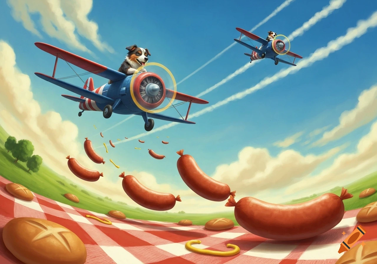 Two whimsical Australian Shepherds fly biplanes in a sunny sky, dropping sausages and buns onto a red and white picnic blanket below.