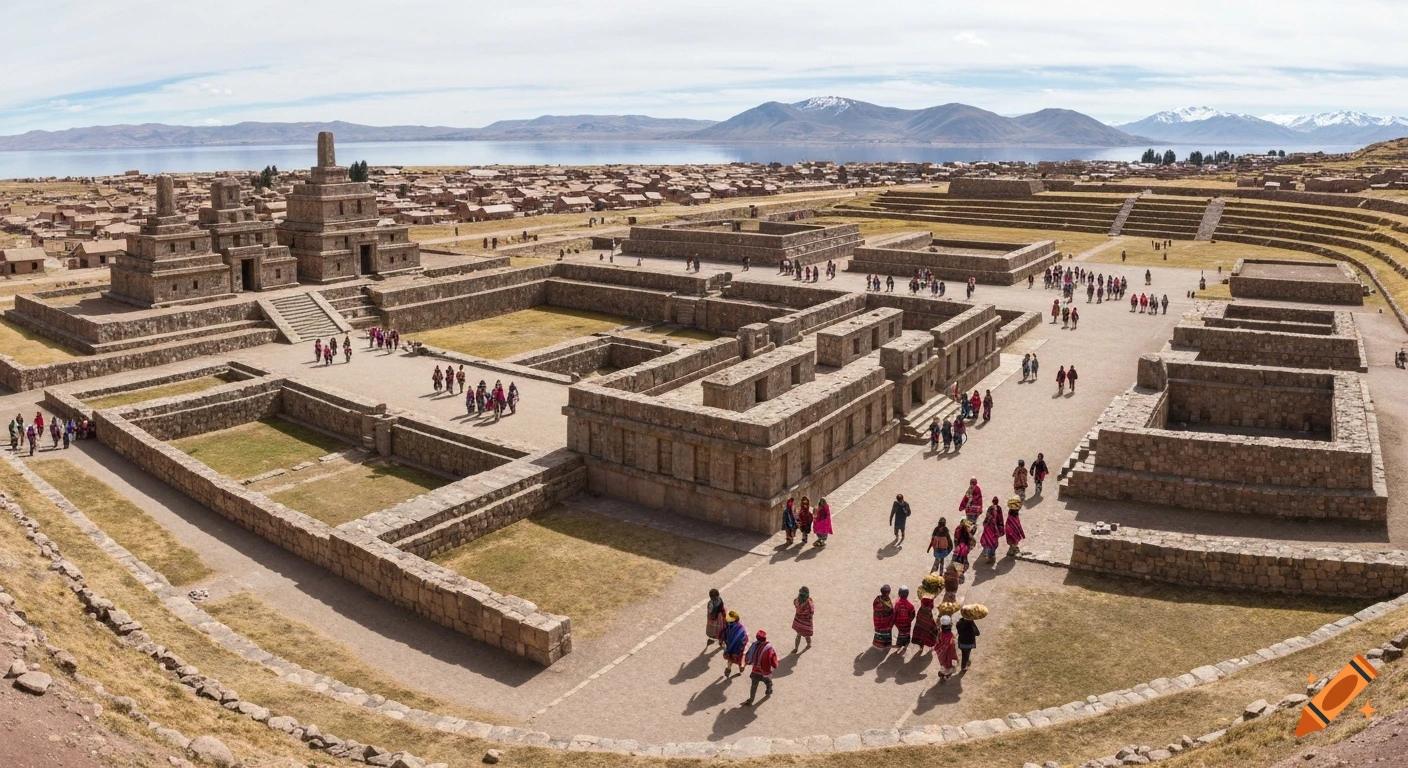 Panoramic view of ancient Tiwanaku ruins with stone structures and people, beside Lake Titicaca and snow-capped mountains under a clear sky.