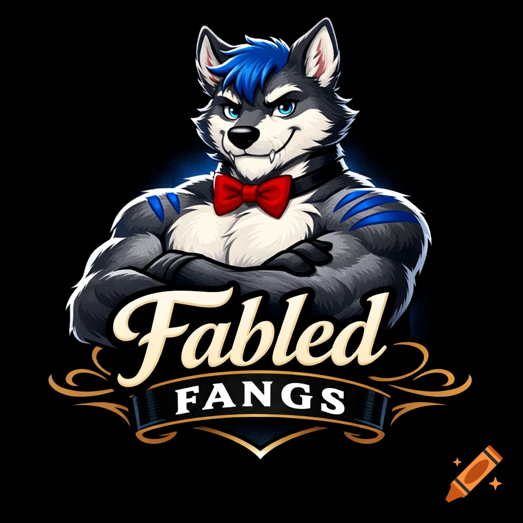 A cartoony muscular gray and white wolf fursona with blue hair and a red bowtie, with a banner below reading Fabled Fangs.