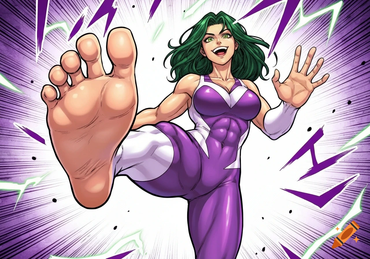 Manga style She-Hulk-like character in purple and white spandex kicks towards the viewer with a giant bare foot, smiling.