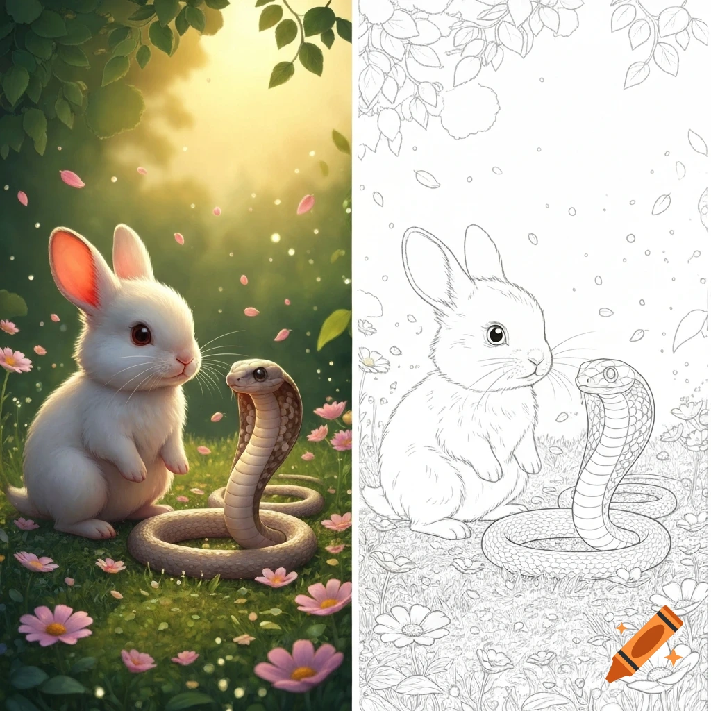 Colorful illustration of a baby rabbit and cobra in a garden, beside its black and white line art coloring page version.