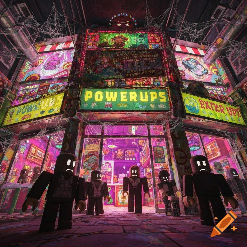 A neon-lit, grimy shop with signs for "POWERUPS" and other garbled text, covered in spiderwebs. Several blocky, Roblox-like figures stand in front of it.