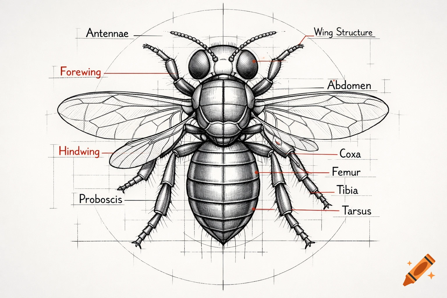 Detailed black and white schematic drawing of an insect from a top-down view, with various body parts labeled.