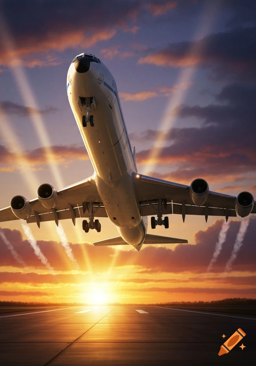 A large passenger airplane takes off from a runway into a vibrant sunset with light beams.