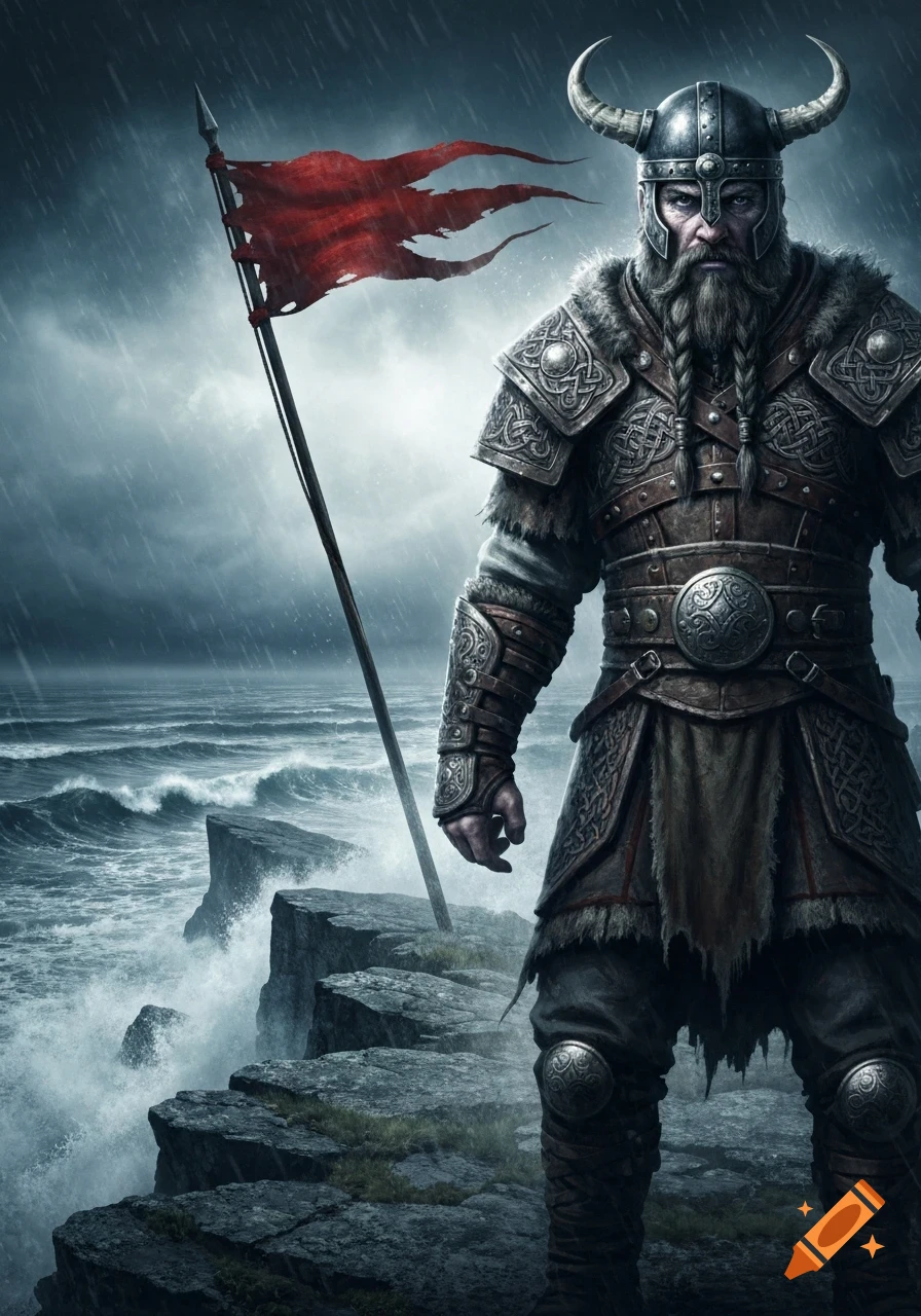 Photorealistic depiction of a Viking warrior in horned helmet and armor on a stormy cliff, holding a tattered red flag.