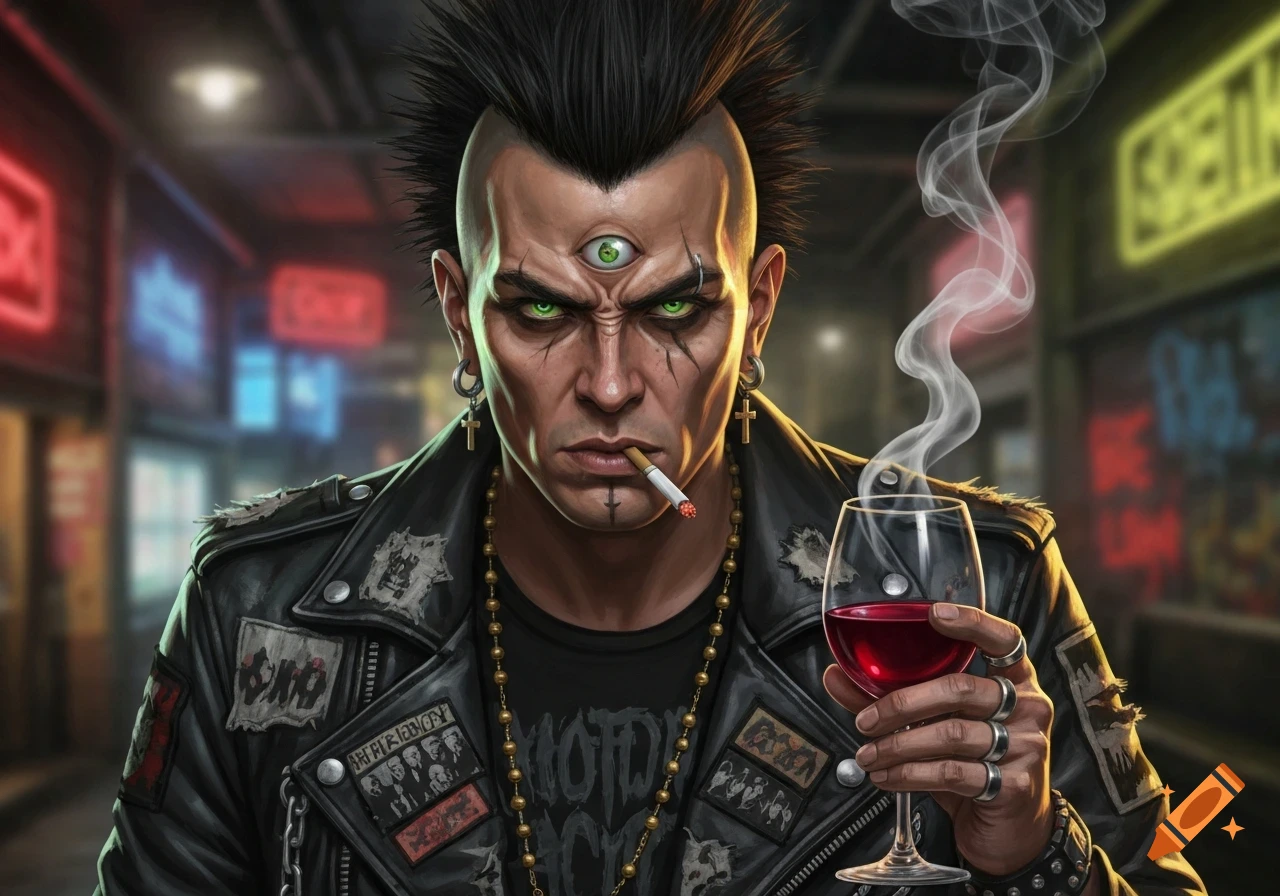 A digital art portrait of a punk rocker with a third eye, green pupils, a mohawk, smoking a cigarette, and holding a glass of wine in a neon-lit urban setting.