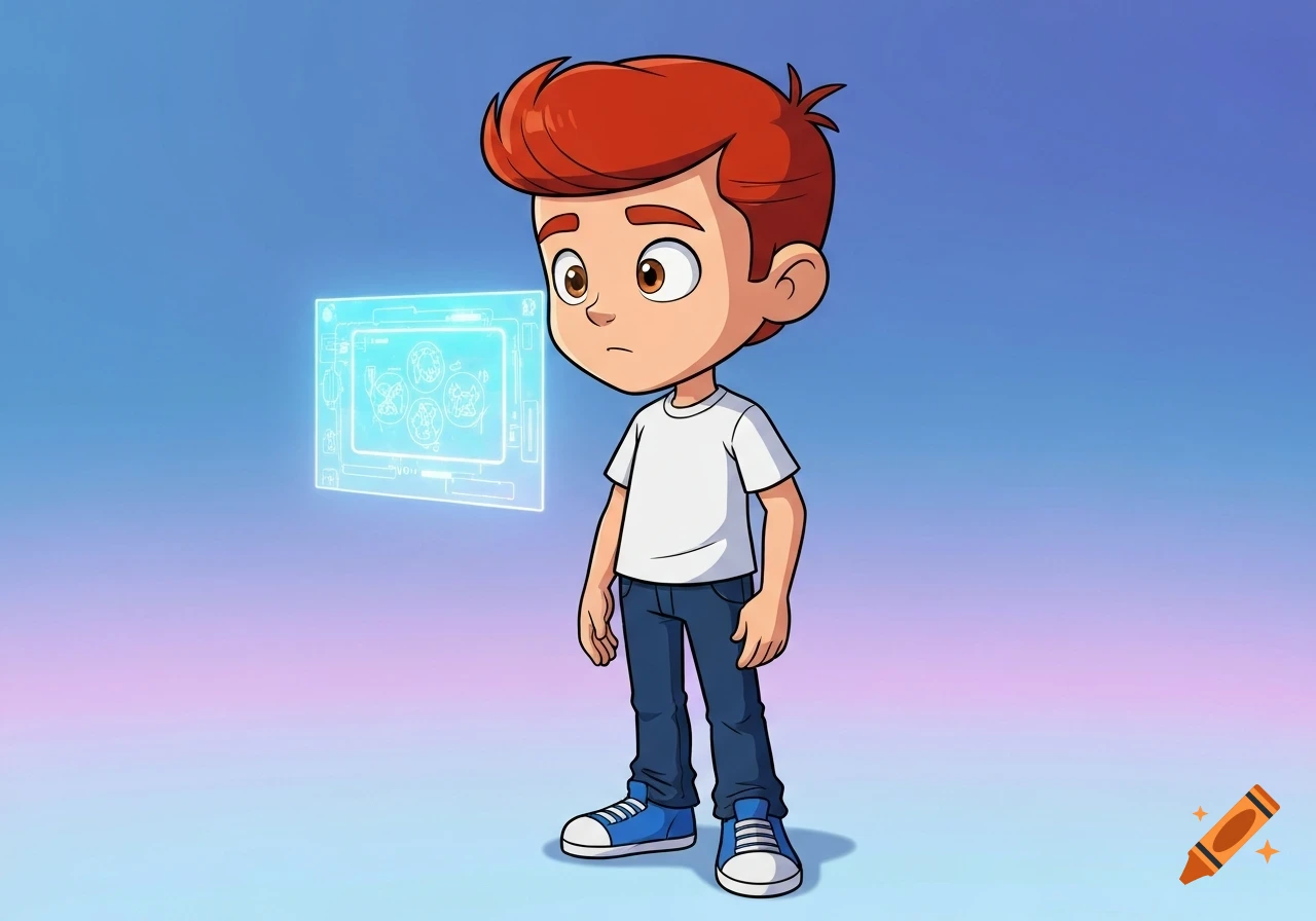 A cartoon boy with red hair and a white shirt looks thoughtfully at a glowing blue holographic screen.