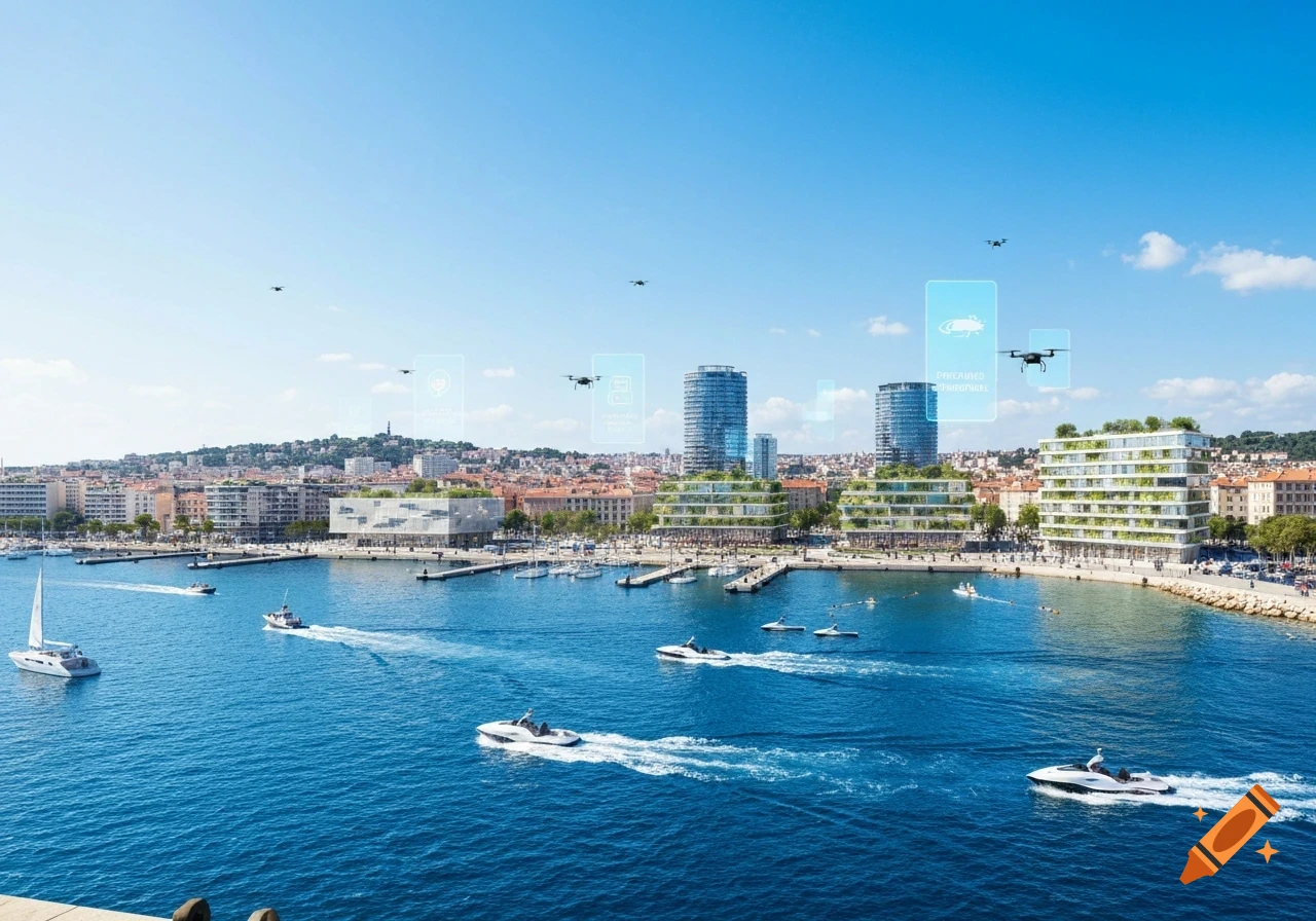 Photorealistic wide shot of a futuristic port city with sleek buildings, many boats, and drones with holographic displays flying over blue water.
