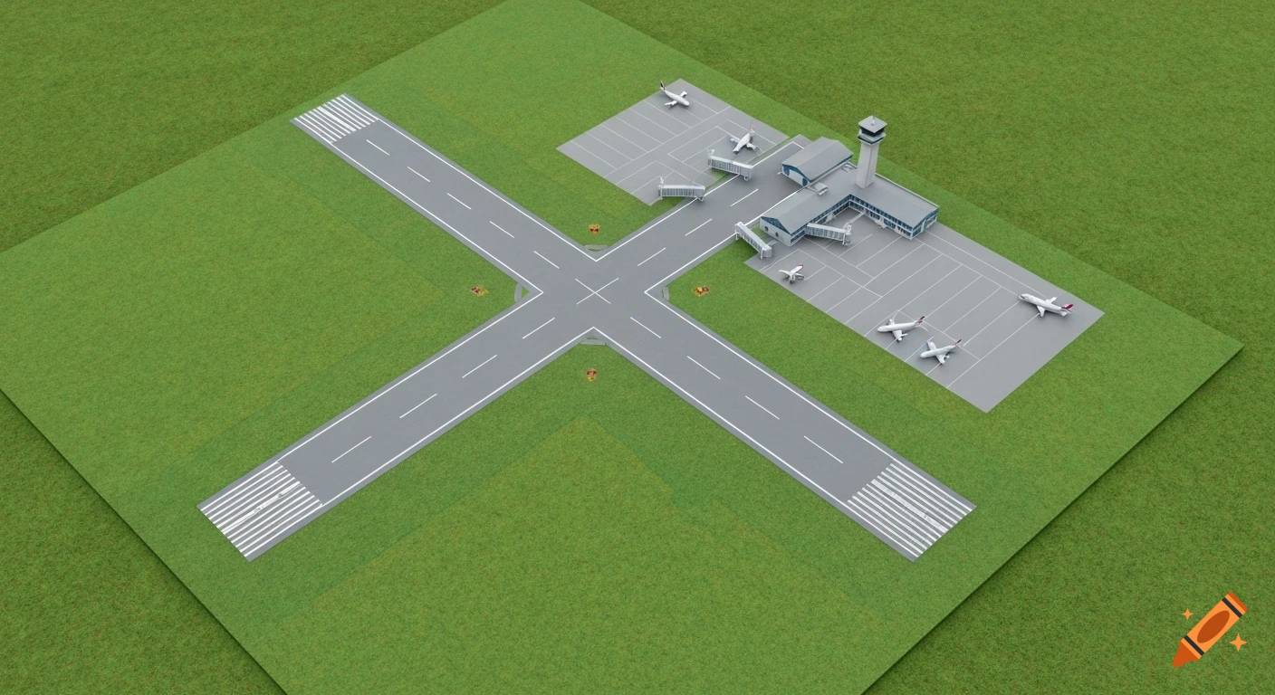 Top-down view of a simple school model regional airport with runways, taxiways, a terminal, control tower, and small airplanes on green grass.