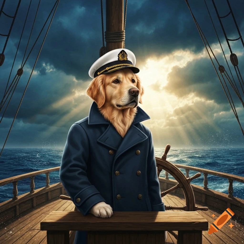 A photorealistic golden retriever in a captain's uniform and hat steers a ship on a stormy sea under dramatic skies.