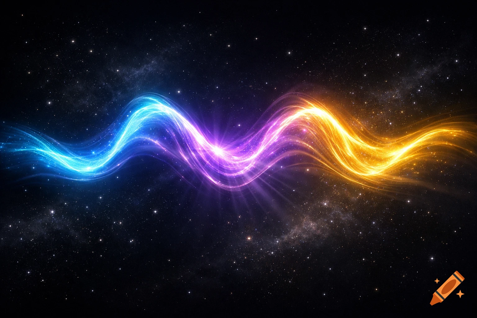 A glowing, wavy line of blue, purple, and orange light against a dark, starry cosmic background.