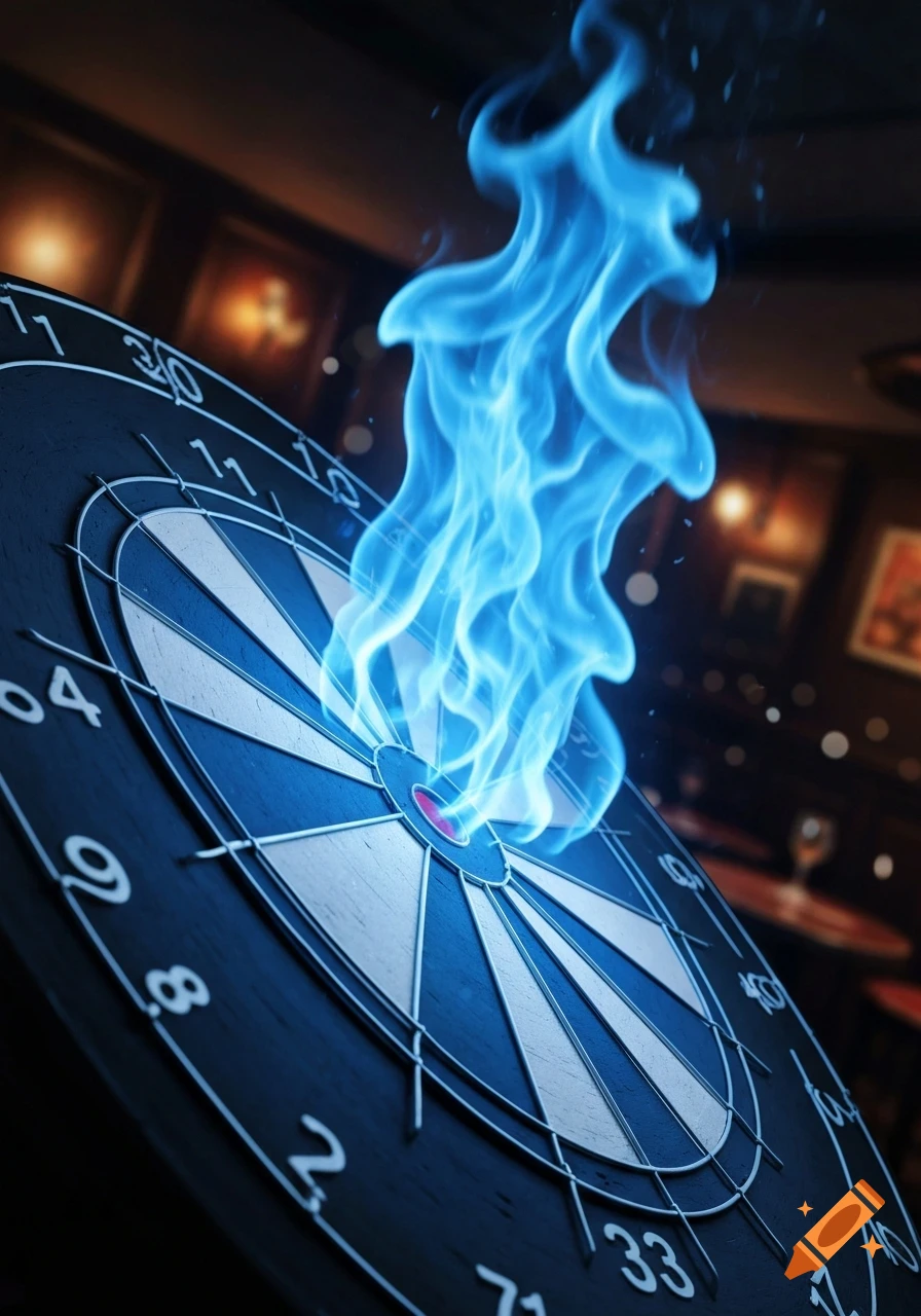 Close-up of a dartboard with vibrant blue flames erupting from the bullseye, set in a dimly lit, moody room.