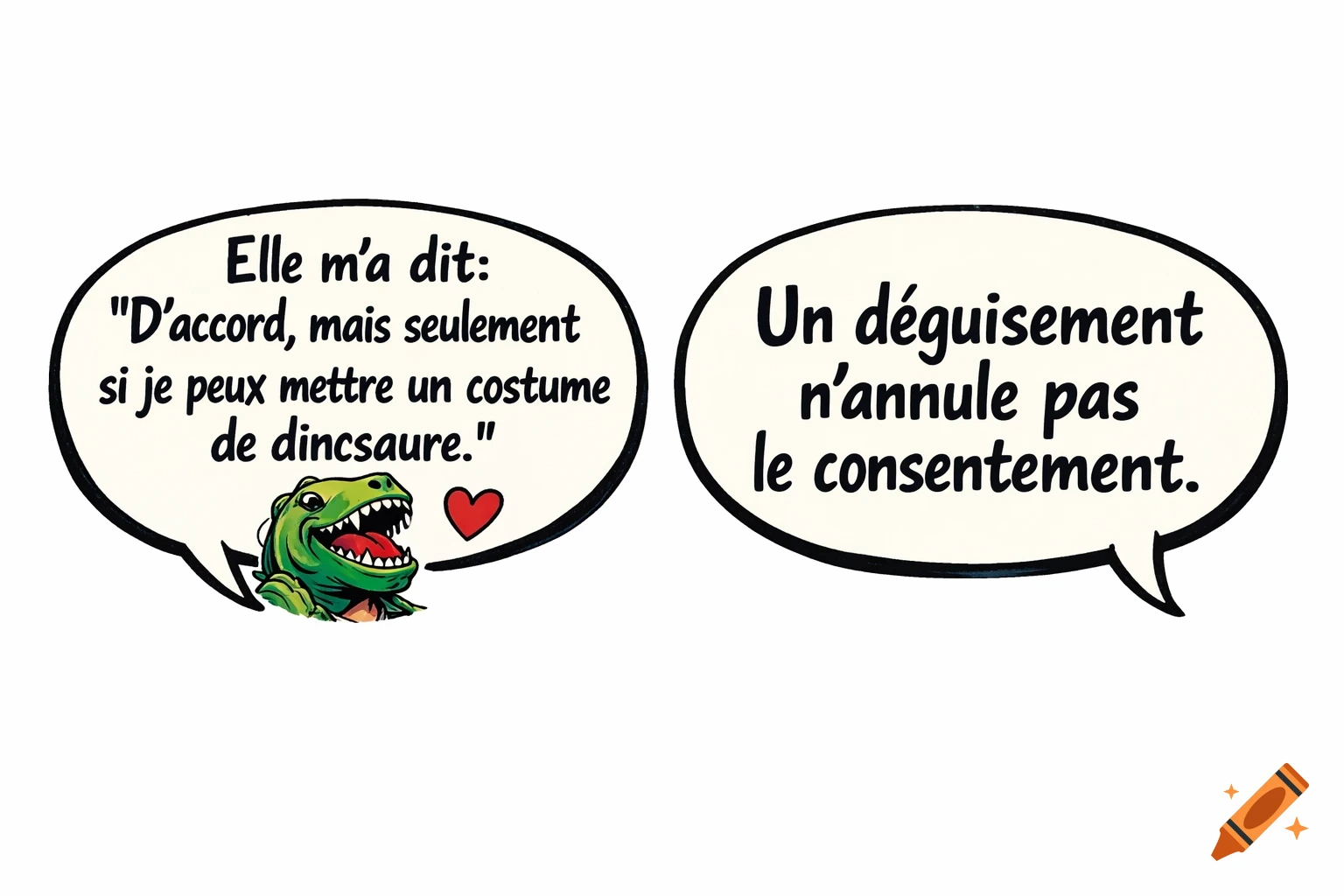 A two-panel satirical comic strip about consent, featuring a cartoon dinosaur in a speech bubble.