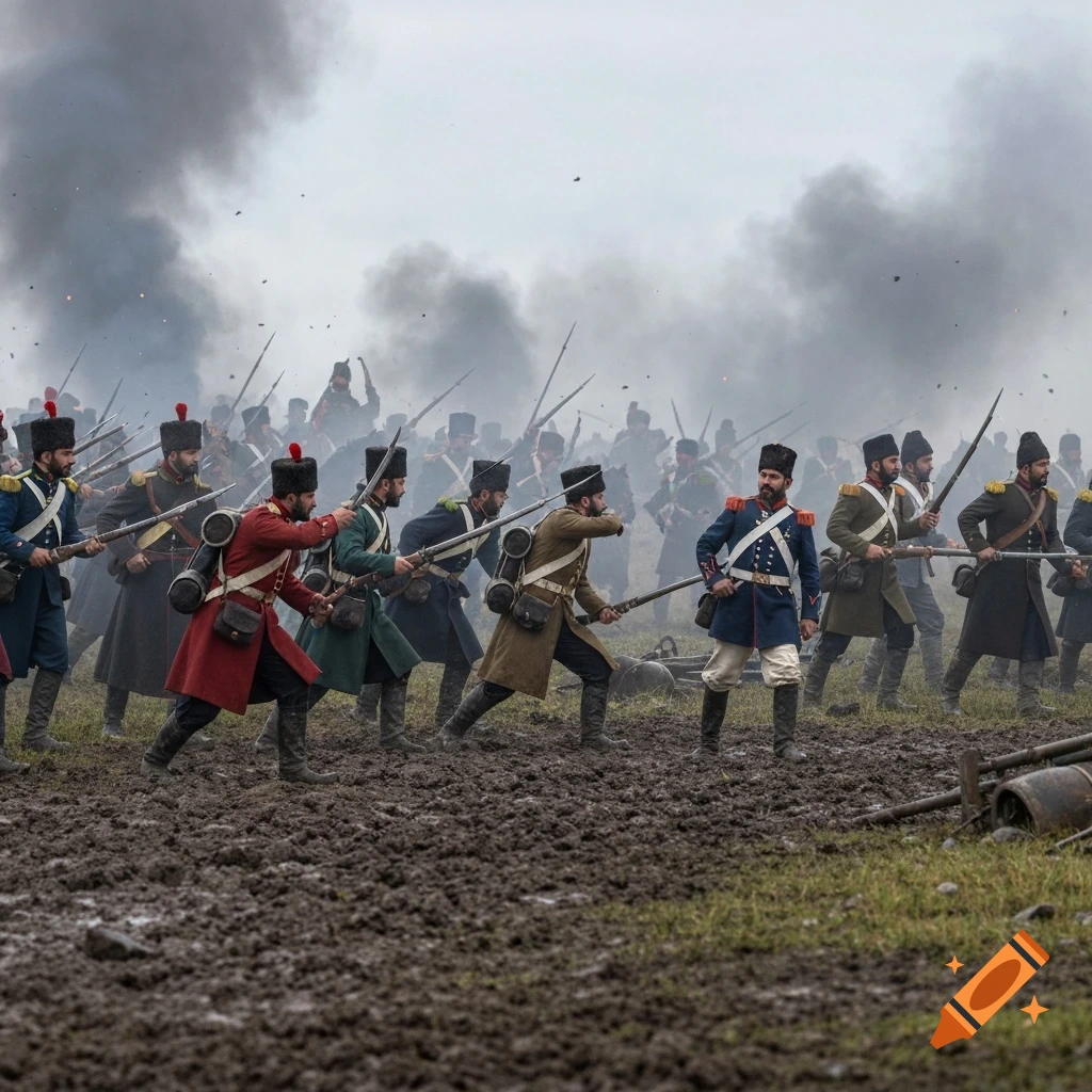 Photorealistic image of soldiers in 19th-century uniforms advancing through a muddy battlefield under heavy smoke.
