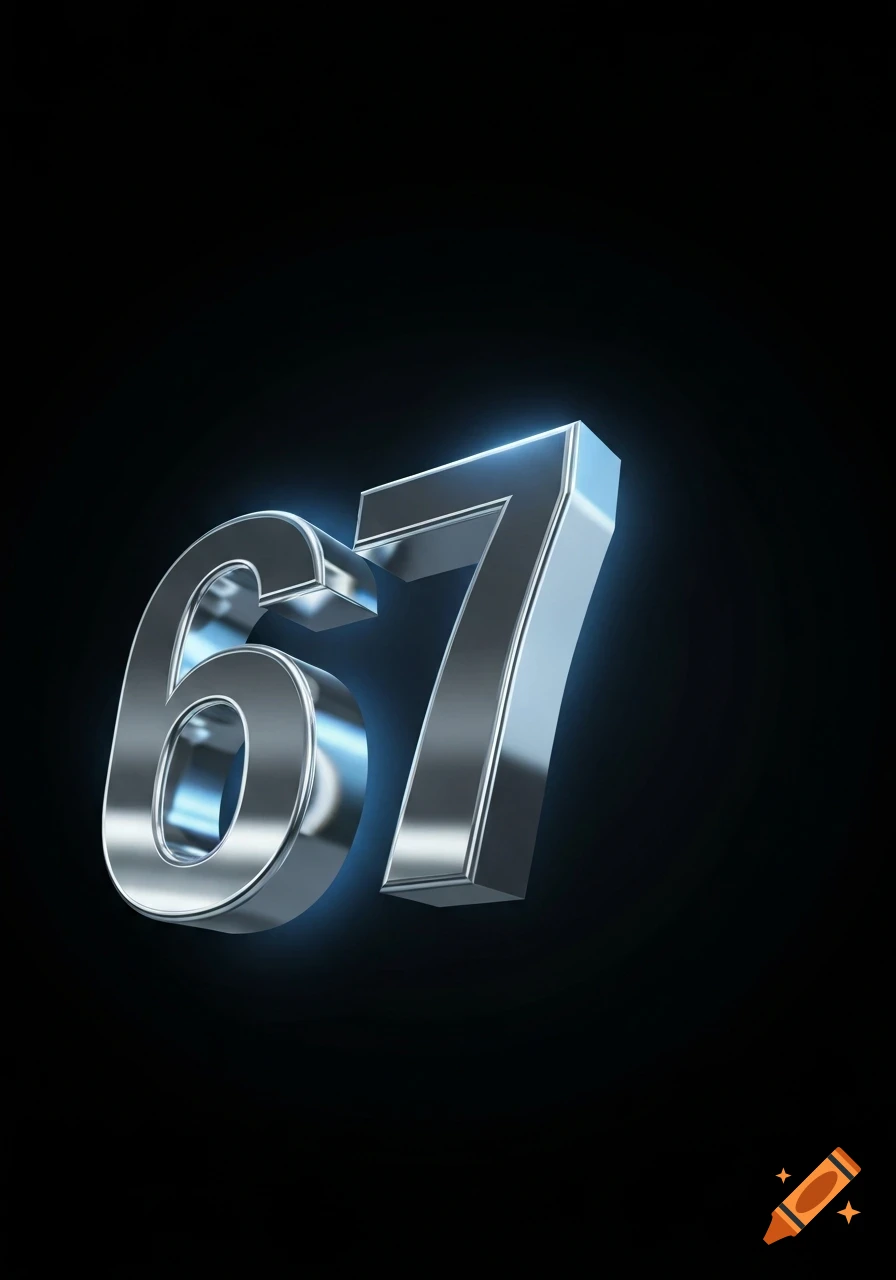 Shiny silver metallic numbers 67 with blue glow on a black background.