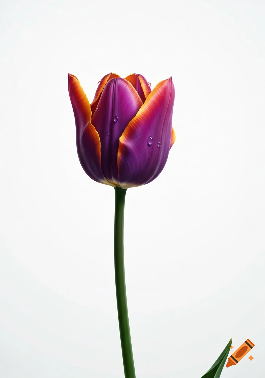 A vibrant purple and orange tulip with dew drops on its petals stands upright against a clean white background.